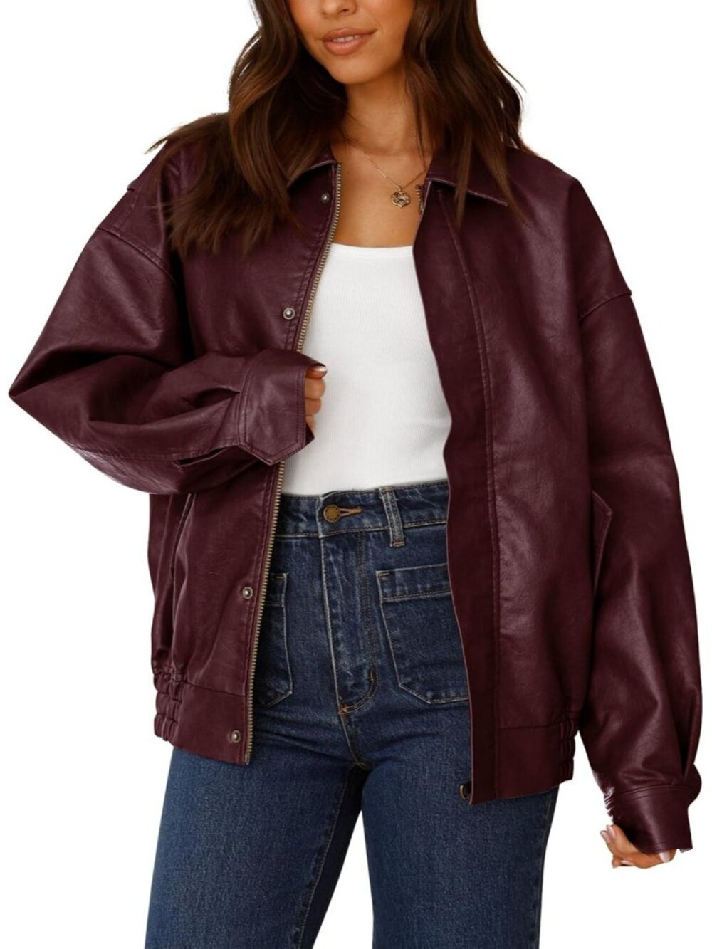 Women’s Wine Red Faux Leather Motorcycle Moto Biker Jacket